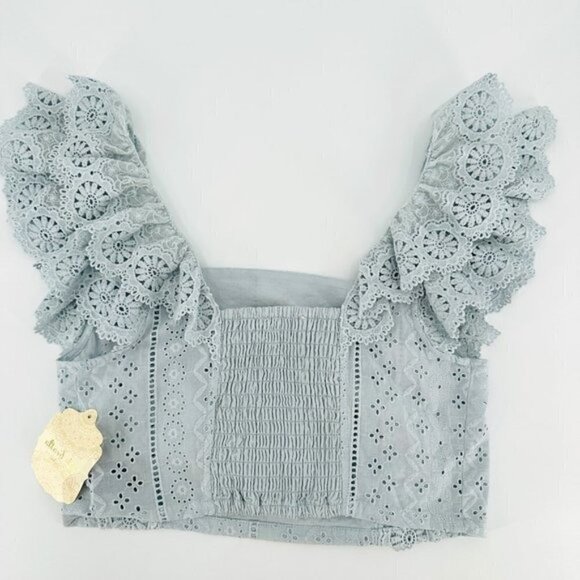 Altar'd State Moselle Blue Eyelet Ruffle Smocked Crop Coastal Cowgirl Medium Top - Picture 3 of 10